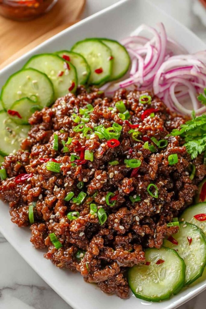 Spicy Keto Korean Ground Beef with Cucumber Salad served in a bowl over cauliflower rice with sesame seeds and green onions