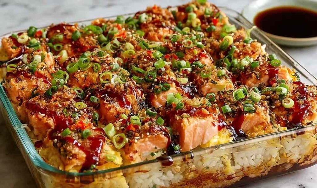 Spicy salmon sushi bake in a casserole dish topped with avocado, cucumber, green onions, and drizzled Kewpie mayo