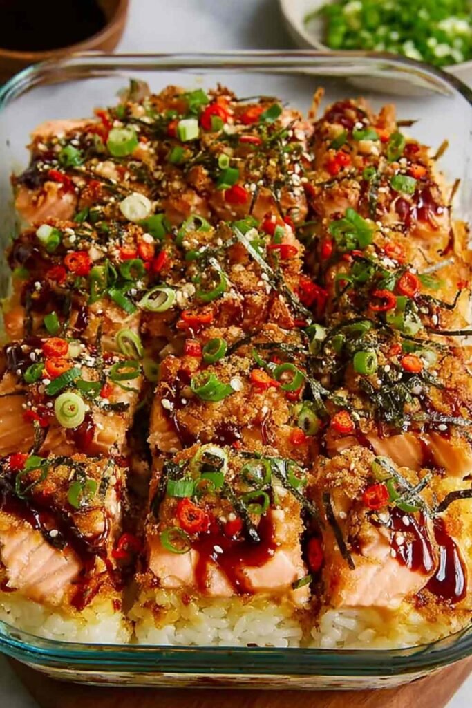 Spicy salmon sushi bake in a casserole dish topped with avocado, cucumber, green onions, and drizzled Kewpie mayo