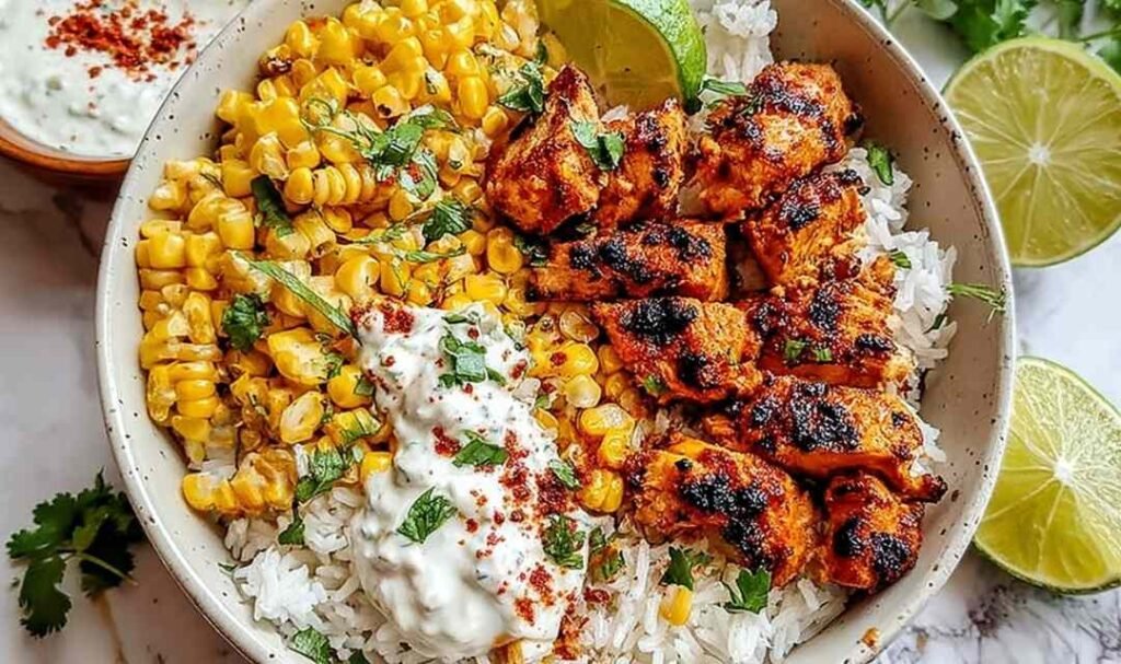 Street corn chicken rice bowl with charred corn, sliced grilled chicken, black beans, cotija cheese, and lime crema in a white bowl