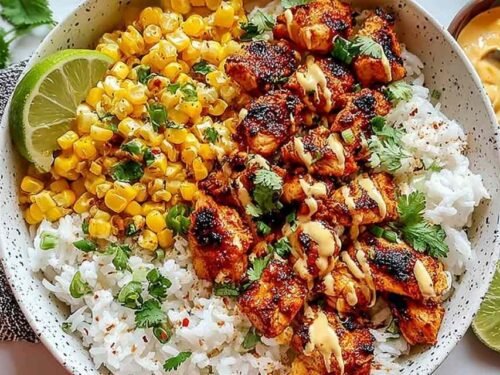 Street corn chicken rice bowl with charred corn, sliced grilled chicken, black beans, cotija cheese, and lime crema in a white bowl