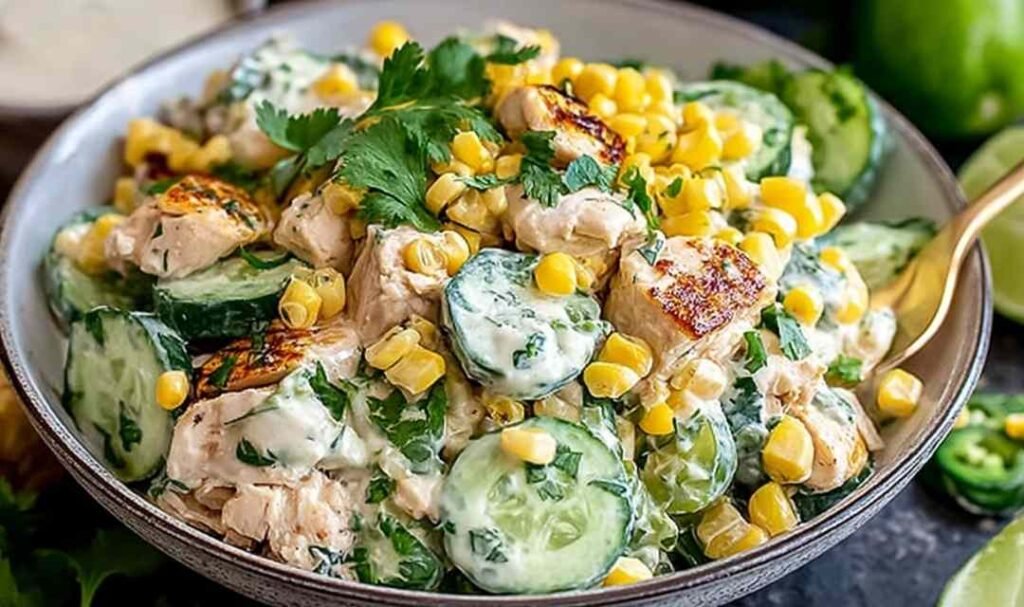 Street Corn Creamy Cucumber Chicken Salad in a large white serving bowl topped with crumbled feta, fresh cilantro, and charred corn kernels