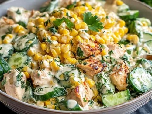 Street Corn Creamy Cucumber Chicken Salad in a large white serving bowl topped with crumbled feta, fresh cilantro, and charred corn kernels