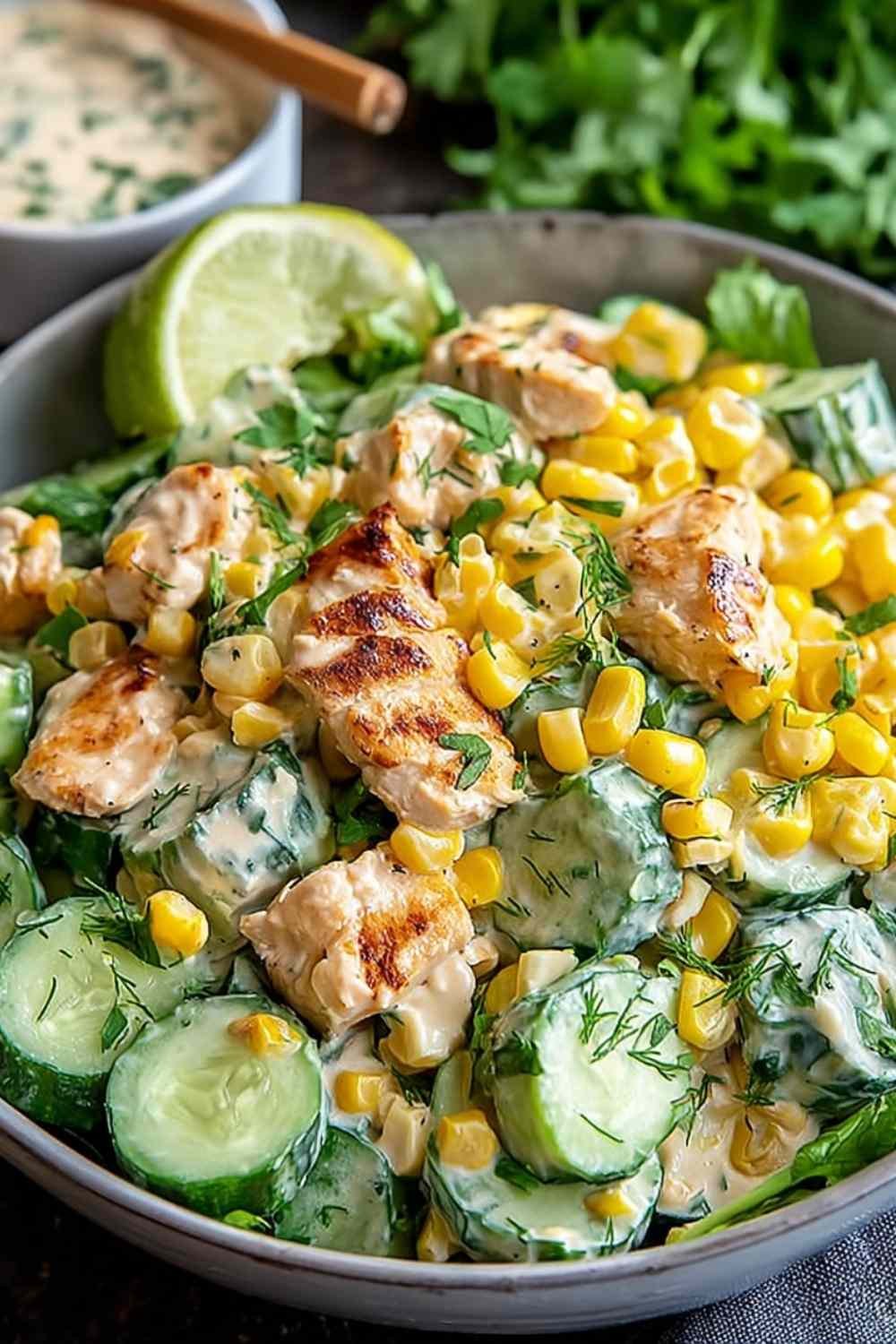 Street Corn Creamy Cucumber Chicken Salad in a large white serving bowl topped with crumbled feta, fresh cilantro, and charred corn kernels