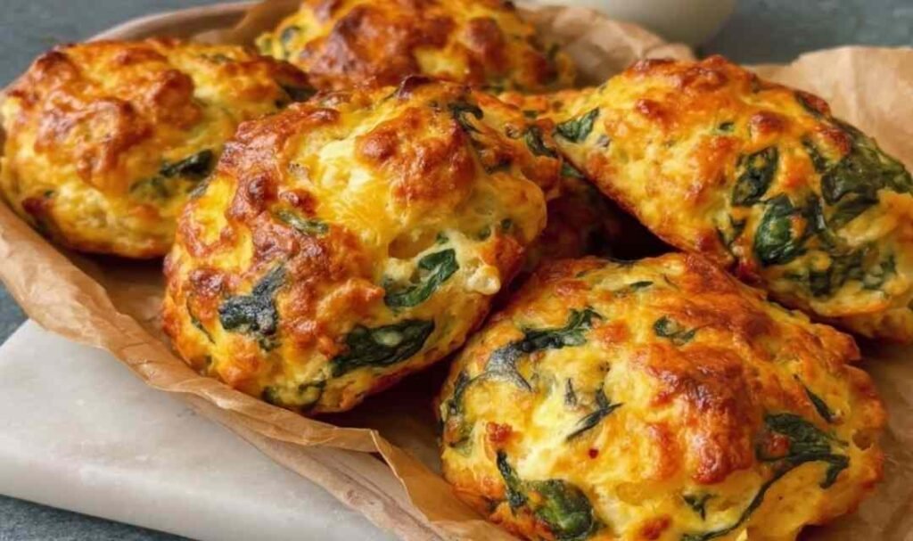 Sun-dried tomato and spinach egg biscuits on a parchment-lined baking sheet with golden mozzarella tops fresh from the oven