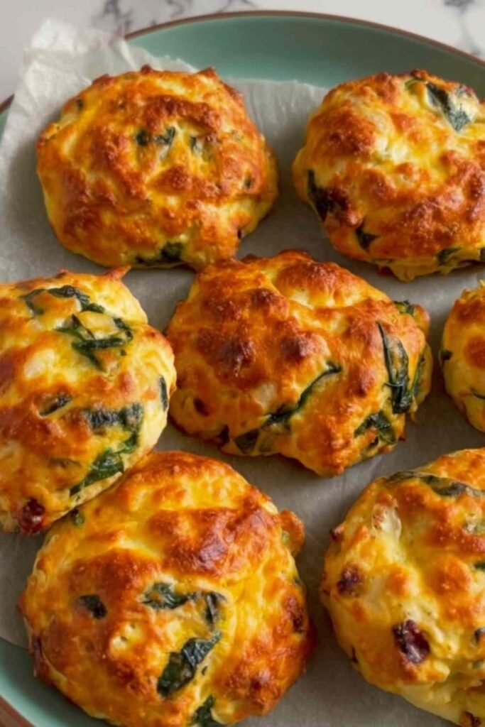 Sun-dried tomato and spinach egg biscuits on a parchment-lined baking sheet with golden mozzarella tops fresh from the oven