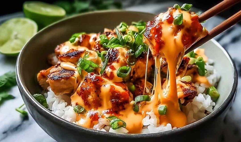 Sweet chili chicken bowl with coconut lime drizzle over jasmine rice, topped with diced tomatoes, green onions, and sesame seeds
