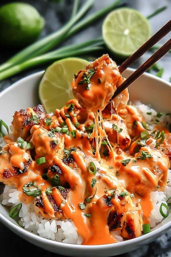 Sweet chili chicken bowl with coconut lime drizzle over jasmine rice, topped with diced tomatoes, green onions, and sesame seeds