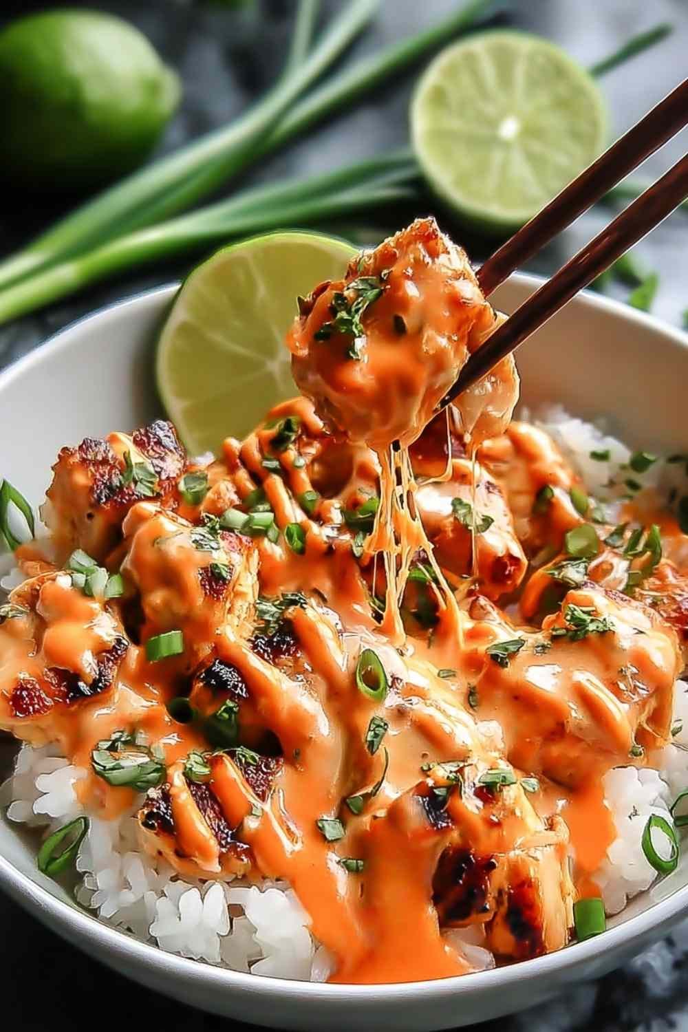 Sweet chili chicken bowl with coconut lime drizzle over jasmine rice, topped with diced tomatoes, green onions, and sesame seeds