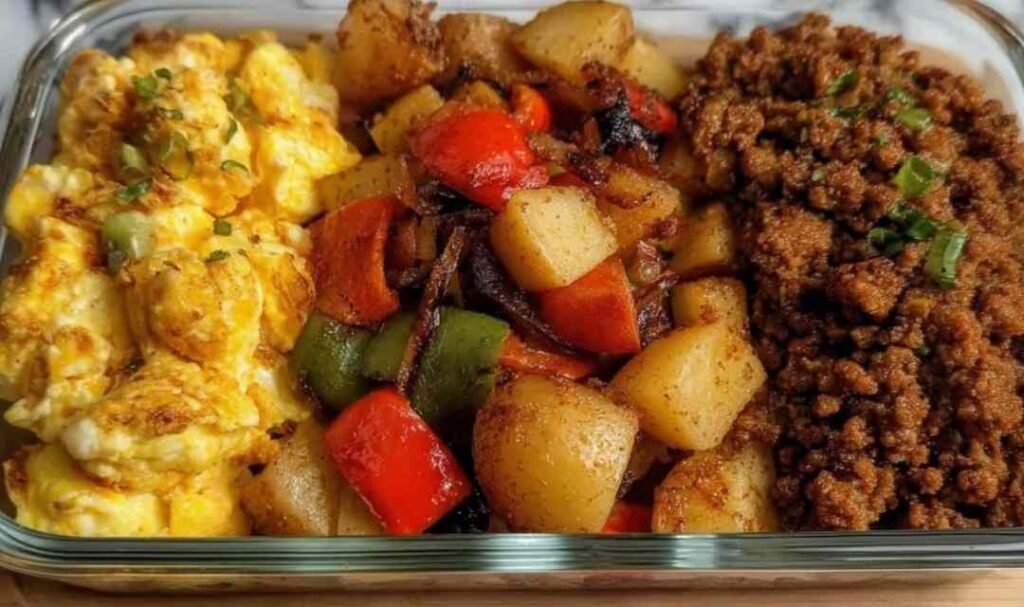Tex-Mex protein breakfast bowls with taco chicken, roasted potatoes, peppers, and scrambled eggs in glass meal prep containers