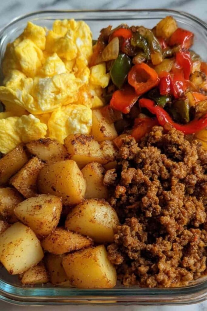 Tex-Mex protein breakfast bowls with taco chicken, roasted potatoes, peppers, and scrambled eggs in glass meal prep containers