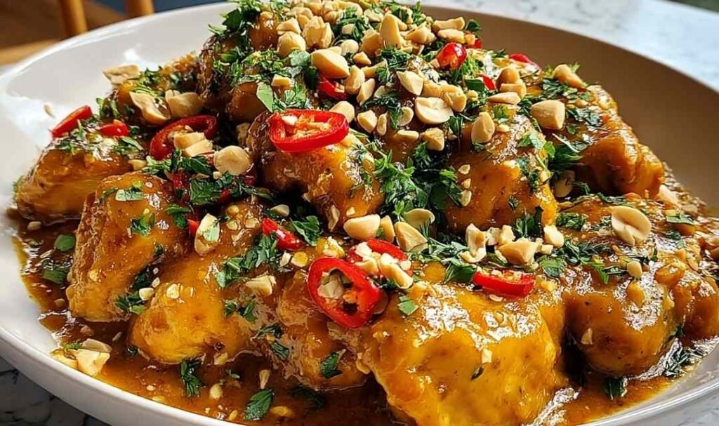 Thai Peanut Chicken served over steamed jasmine rice in a white bowl, topped with chopped roasted peanuts and fresh cilantro, coated in a rich creamy peanut sauce