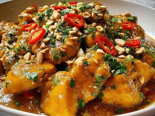 Thai Peanut Chicken served over steamed jasmine rice in a white bowl, topped with chopped roasted peanuts and fresh cilantro, coated in a rich creamy peanut sauce