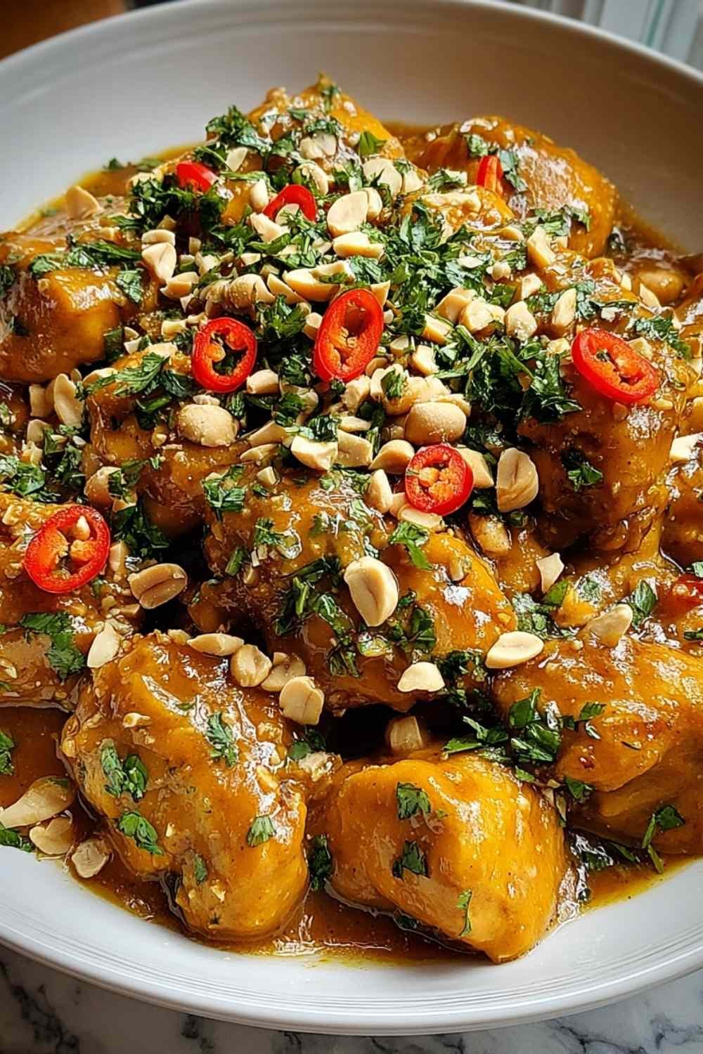 Thai Peanut Chicken served over steamed jasmine rice in a white bowl, topped with chopped roasted peanuts and fresh cilantro, coated in a rich creamy peanut sauce