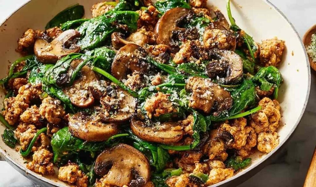 Turkey spinach mushroom skillet in a large pan with ground turkey, wilted spinach, mushrooms, and creamy Parmesan sauce