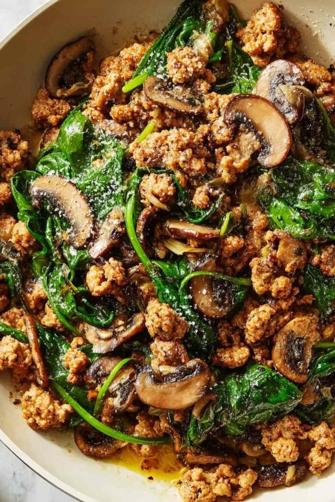 Turkey spinach mushroom skillet in a large pan with ground turkey, wilted spinach, mushrooms, and creamy Parmesan sauce