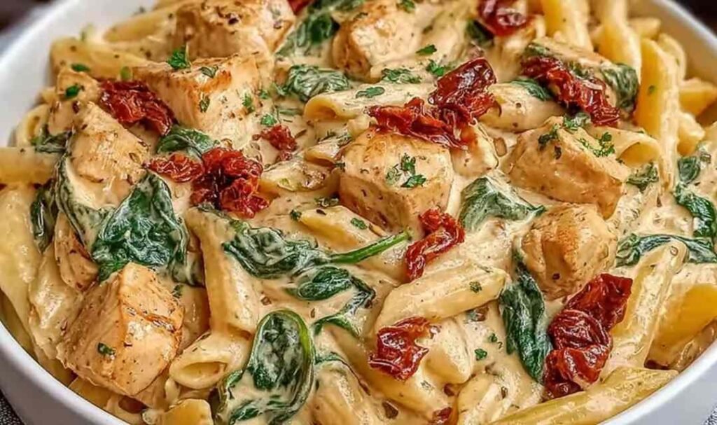 Tuscan chicken pasta with fettuccine, creamy Parmesan sauce, sun-dried tomatoes, and wilted spinach in a white pasta bowl