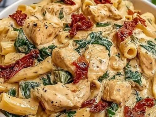 Tuscan chicken pasta with fettuccine, creamy Parmesan sauce, sun-dried tomatoes, and wilted spinach in a white pasta bowl