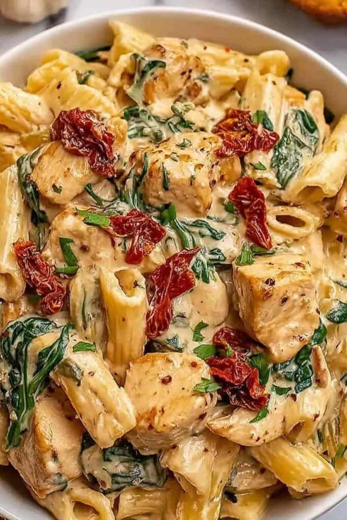 Tuscan chicken pasta with fettuccine, creamy Parmesan sauce, sun-dried tomatoes, and wilted spinach in a white pasta bowl