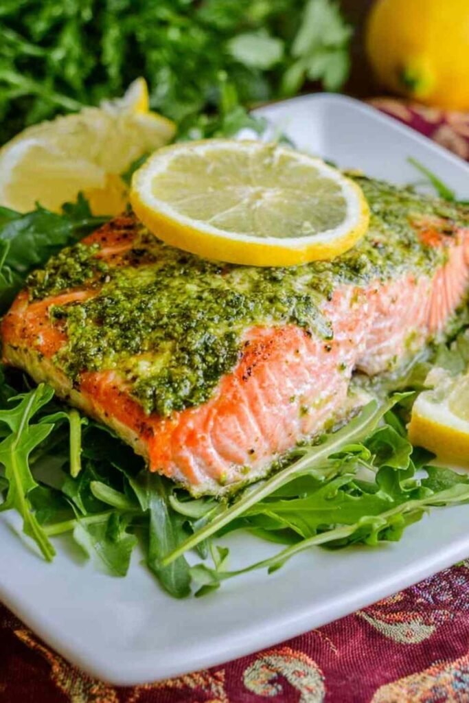 pan-seared-salmon-arugula-pesto-skillet-searing