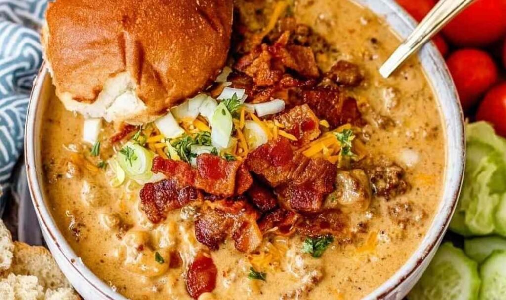 cheeseburger-soup-bowl-with-garnishes-dinner-roll