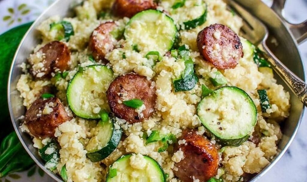 cauliflower-rice-skillet-kielbasa-zucchini-cheddar