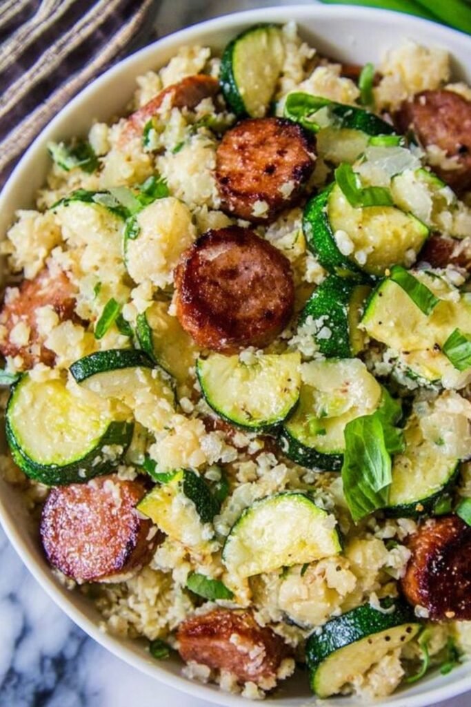 cauliflower-rice-skillet-kielbasa-zucchini-cheddar