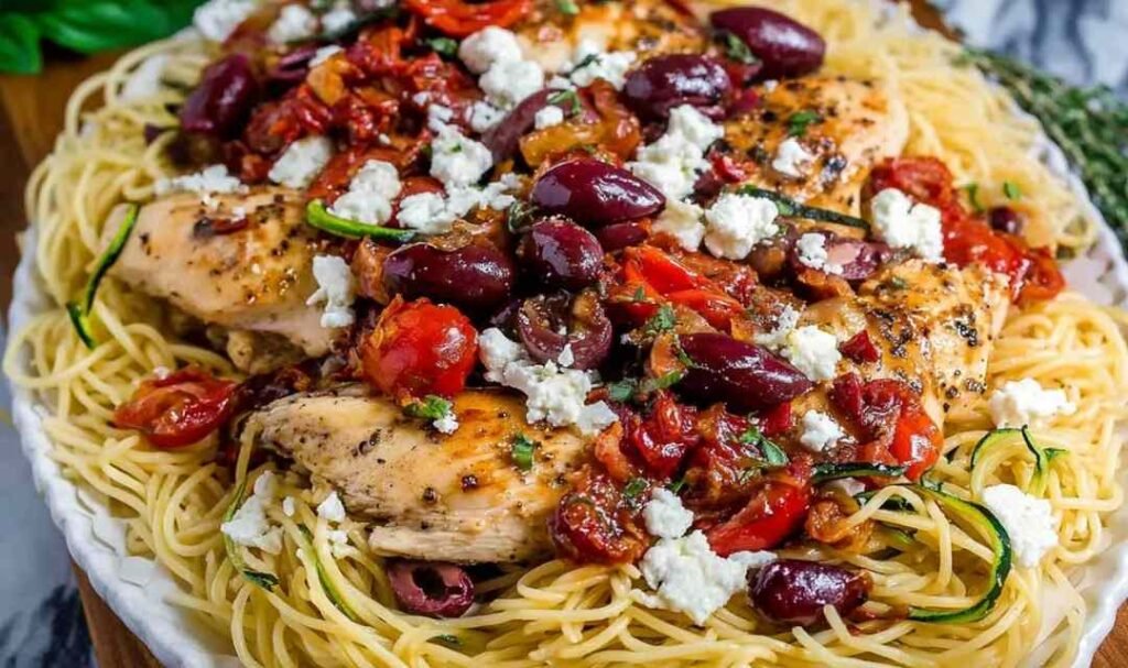 greek-pasta-with-chicken-skillet-veggie-saute