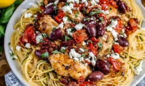 greek-pasta-with-chicken-skillet-veggie-saute