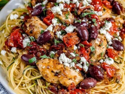 greek-pasta-with-chicken-skillet-veggie-saute