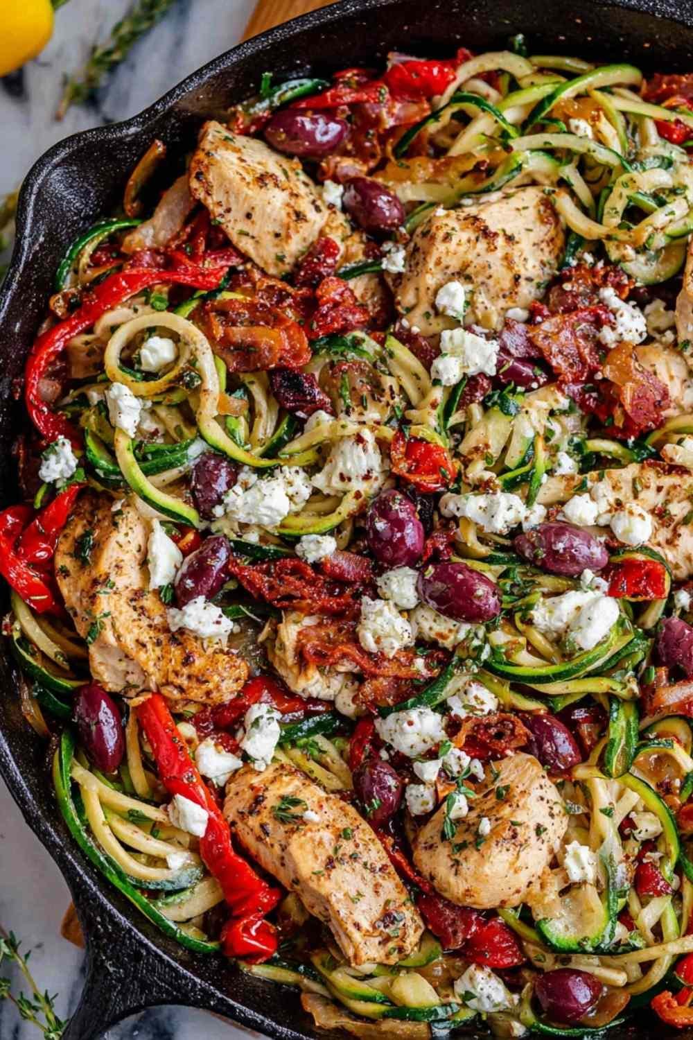 greek-pasta-with-chicken-skillet-veggie-saute
