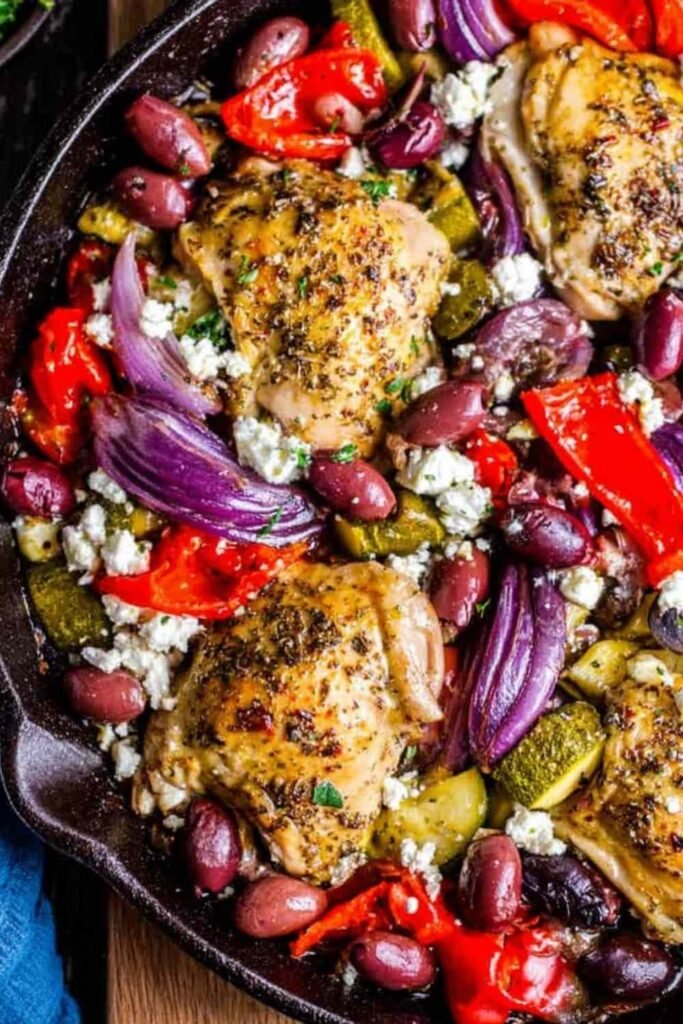 oven-baked-greek-chicken-cast-iron-skillet-veggies