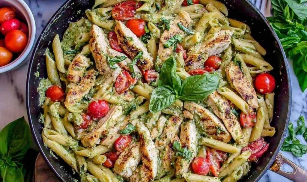 pesto-penne-with-chicken-cherry-tomatoes-white-bowl