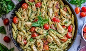pesto-penne-with-chicken-cherry-tomatoes-white-bowl