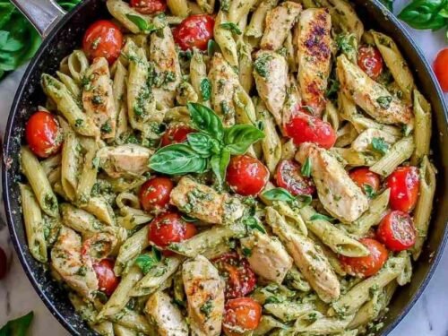 pesto-penne-with-chicken-cherry-tomatoes-white-bowl