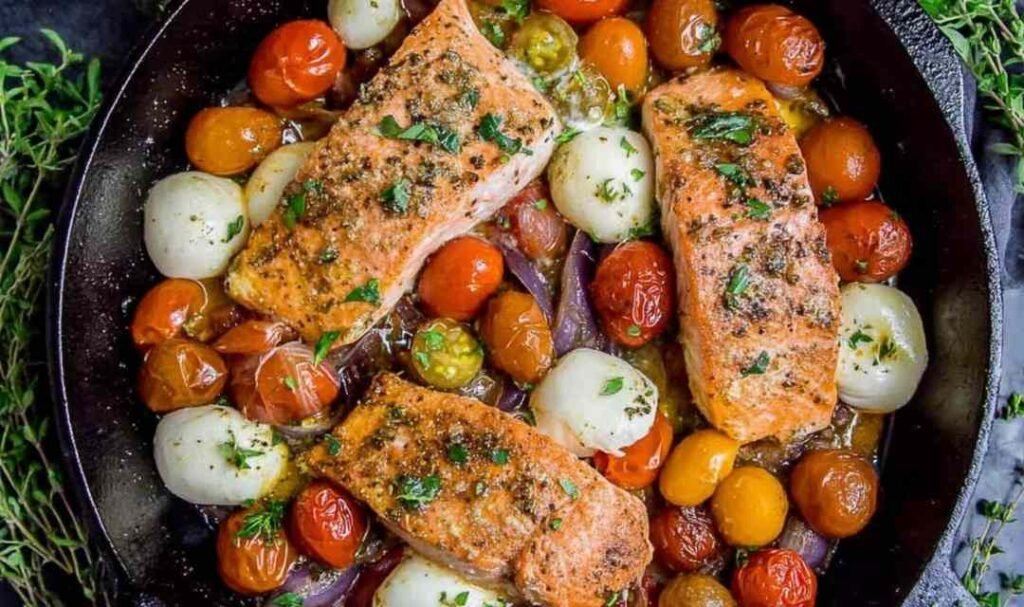 pan-seared-salmon-cherry-tomatoes-mozzarella-skillet
