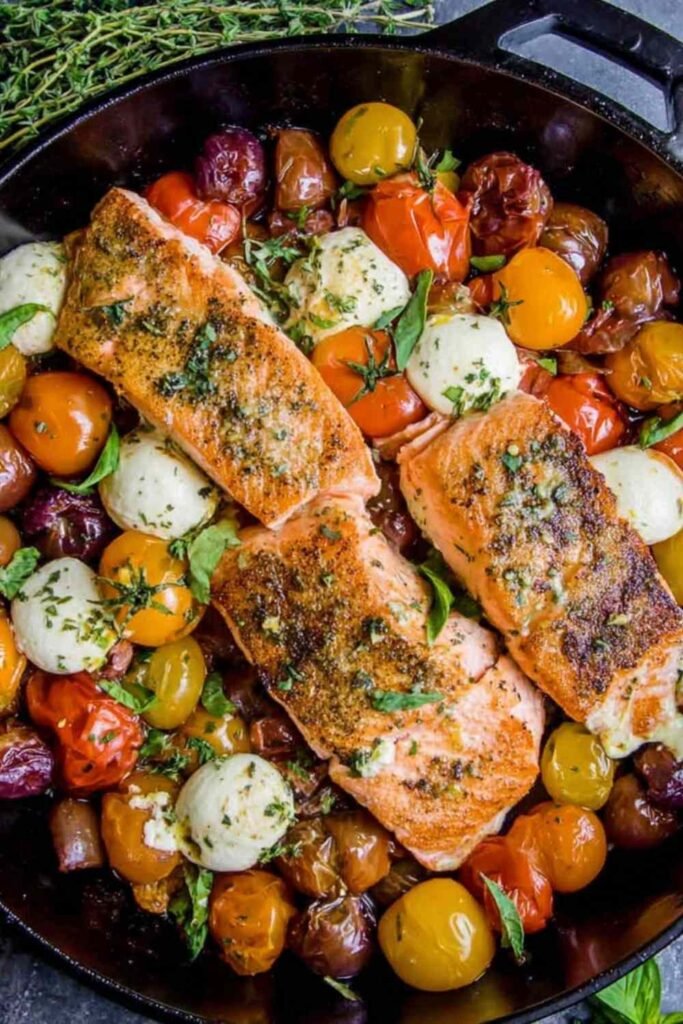 pan-seared-salmon-cherry-tomatoes-mozzarella-skillet