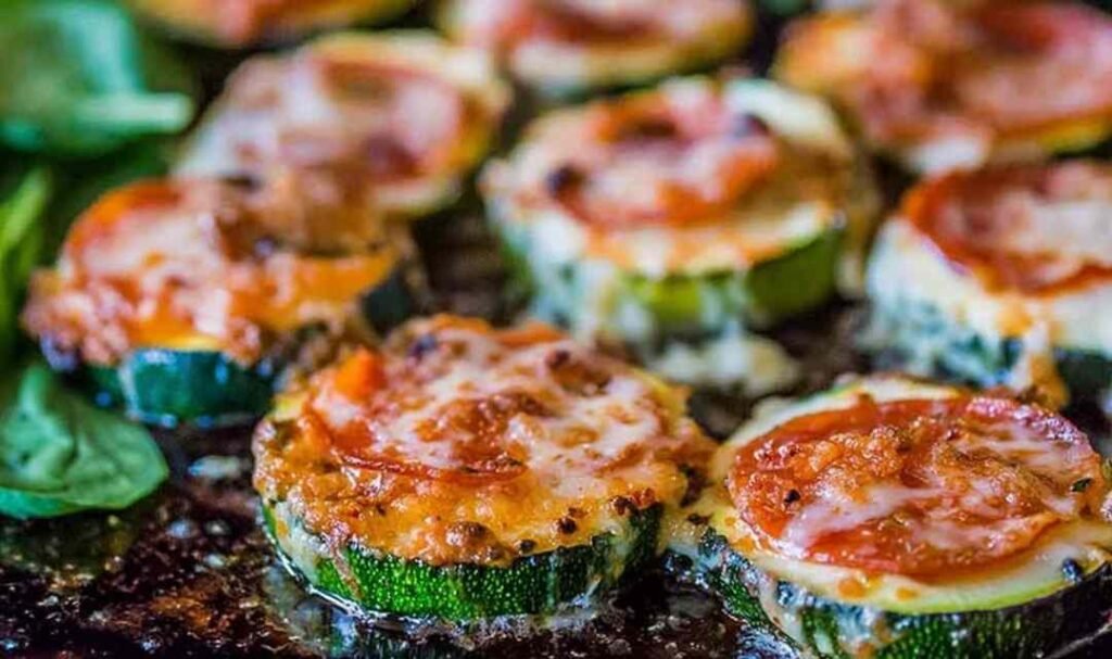 zucchini-pizza-bites-baking-sheet-broiled